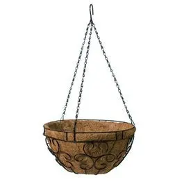 14-Inch Romantic-Style Black Steel Hanging Basket with Coconut Liner
