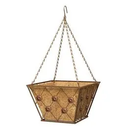 14-Inch Square Regency-Style Hanging Basket with Coconut Liner and Brushed Bronze Finish