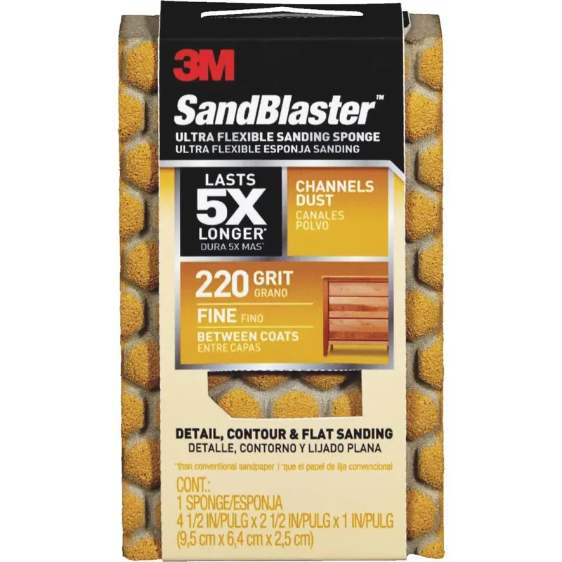 3M SandBlaster Ultra-Flexible Fine Sanding Sponge – 2.5″ × 4.5″ × 1″, 220 Grit