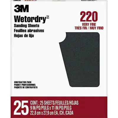 3M Wetordry Sanding Sheets, 9″ x 11″, 220 Grit, 25 per Pack (10 Packs per Case)