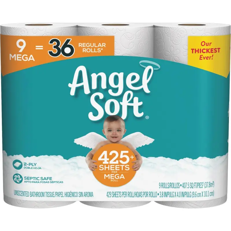 Angel Soft Mega Roll Toilet Paper – 9 Rolls (240 Sheets Each)