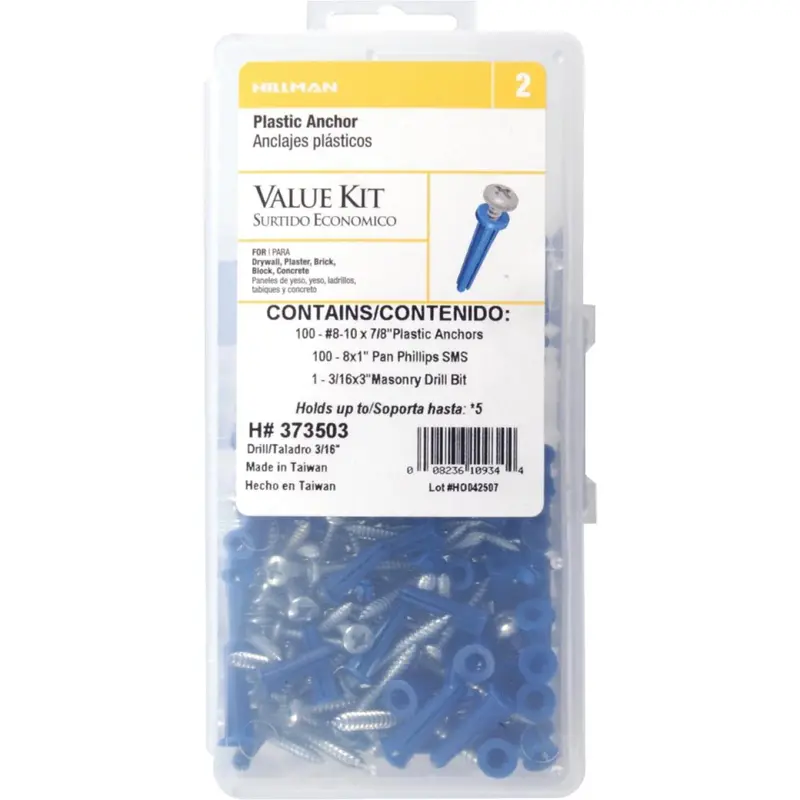 Blue Plastic Anchor Kit — #8 and #10 Threads × 7/8 Inch (Hillman)