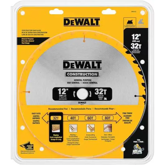 DEWALT 12″ 32-Tooth Construction Miter Saw Blade – Carbide-Tipped for Framing and Trim