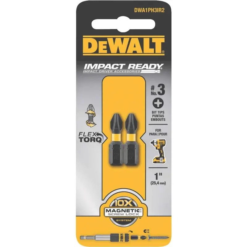 DeWalt FlexTorq #3 Phillips Impact Screwdriver Bit – 1-Inch Length, 2-Pack