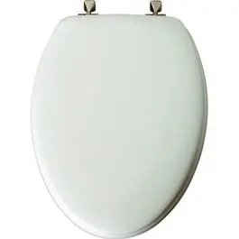 Elongated Molded Wood Toilet Seat — White with STA-TITE Brushed Nickel Hinges
