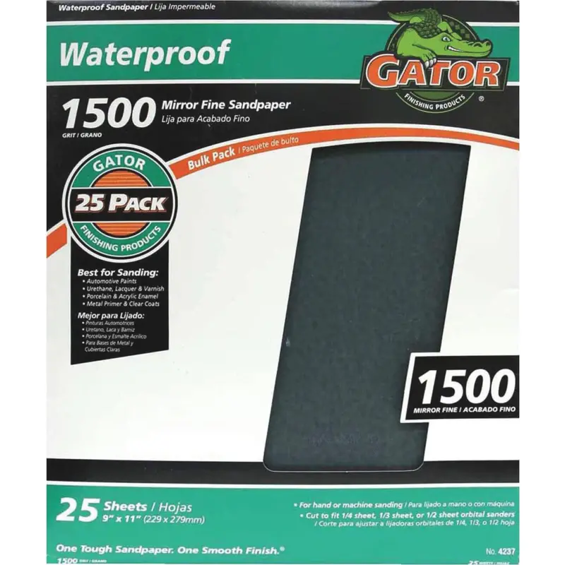 Gator Waterproof Mirror-Finish Sandpaper – 9 in × 11 in, 1500-Grit, 25-Pack