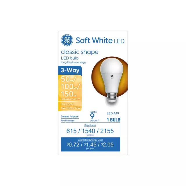 GE 3-Way A19 LED Light Bulb – 150/100/50 Watt Equivalents, Soft White Output
