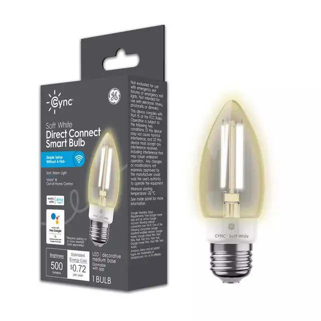 GE Cync Smart Candle LED Bulb – Soft White, Medium Base, Alexa & Google Compatible