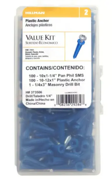Hillman Blue Conical Plastic Anchors with Pan-Head Phillips Screws – #10–12 x 1″, 201-Piece Kit