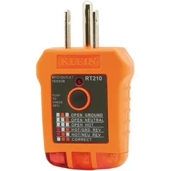 Klein RT210 GFCI Outlet Tester with LED Indicators and Built-in Circuit Breaker Detection
