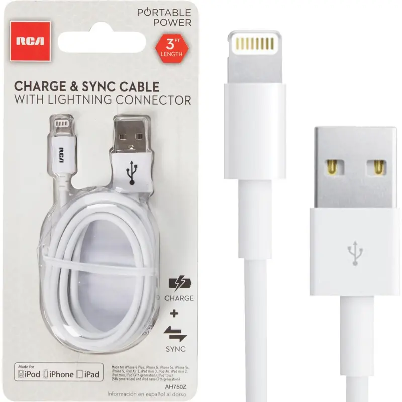 RCA Lightning USB Cable – 3 Ft White Charging & Data Sync Cord for iOS Devices
