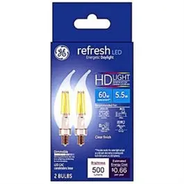 Refresh HD Decorative Candelabra LED Bulbs – Daylight Clear, Dimmable, 500 Lumens, 6.5W (2-Pack)