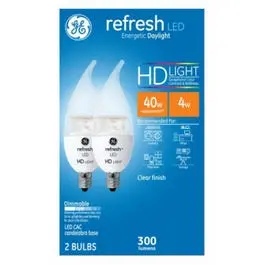 Refresh HD Decorative LED Candelabra Bulbs – Daylight, Clear, 4W (300 lm), 2-Pack