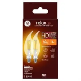 Relax HD Dimmable Candelabra LED Bulbs – Soft White, Clear, 4W (300 lm), 2-Pack