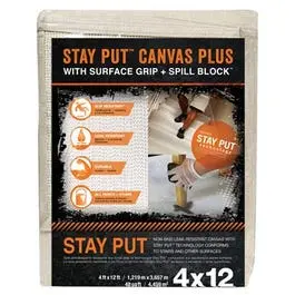 Stay Put Painters Canvas Plus – 4 ft x 12 ft Spill-Blocking, Grip-Enhanced Drop Cloth